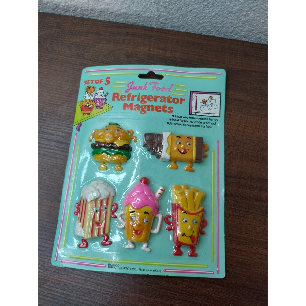 Vintage Giftco Junk Food Refrigerator Magnets Set of 5 1980s Retro Kitsch Sealed